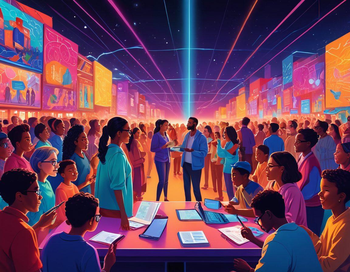 A vibrant digital landscape featuring a diverse group of people engaged in storytelling through various online platforms, with glowing screens and animated visuals in the background. Emphasize inclusivity with a mix of ages and ethnicities sharing stories, surrounded by symbols of creativity like pens, books, and virtual icons. Capture the essence of engagement with colorful lines connecting the audience to the stories being told. vector art. vibrant colors.