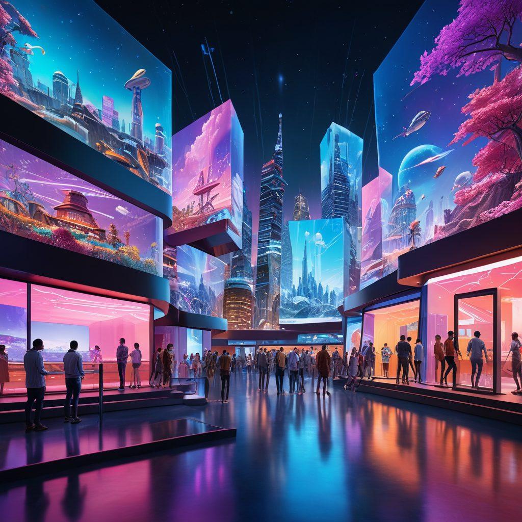 A futuristic landscape showcasing diverse characters interacting in a vibrant virtual reality world, surrounded by floating holographic screens displaying immersive digital stories. Include elements of gaming, creativity, and community engagement with a mix of modern and whimsical architecture in the background. Bright and contrasting colors that evoke a sense of excitement and innovation. super-realistic. vibrant colors. cinematic.