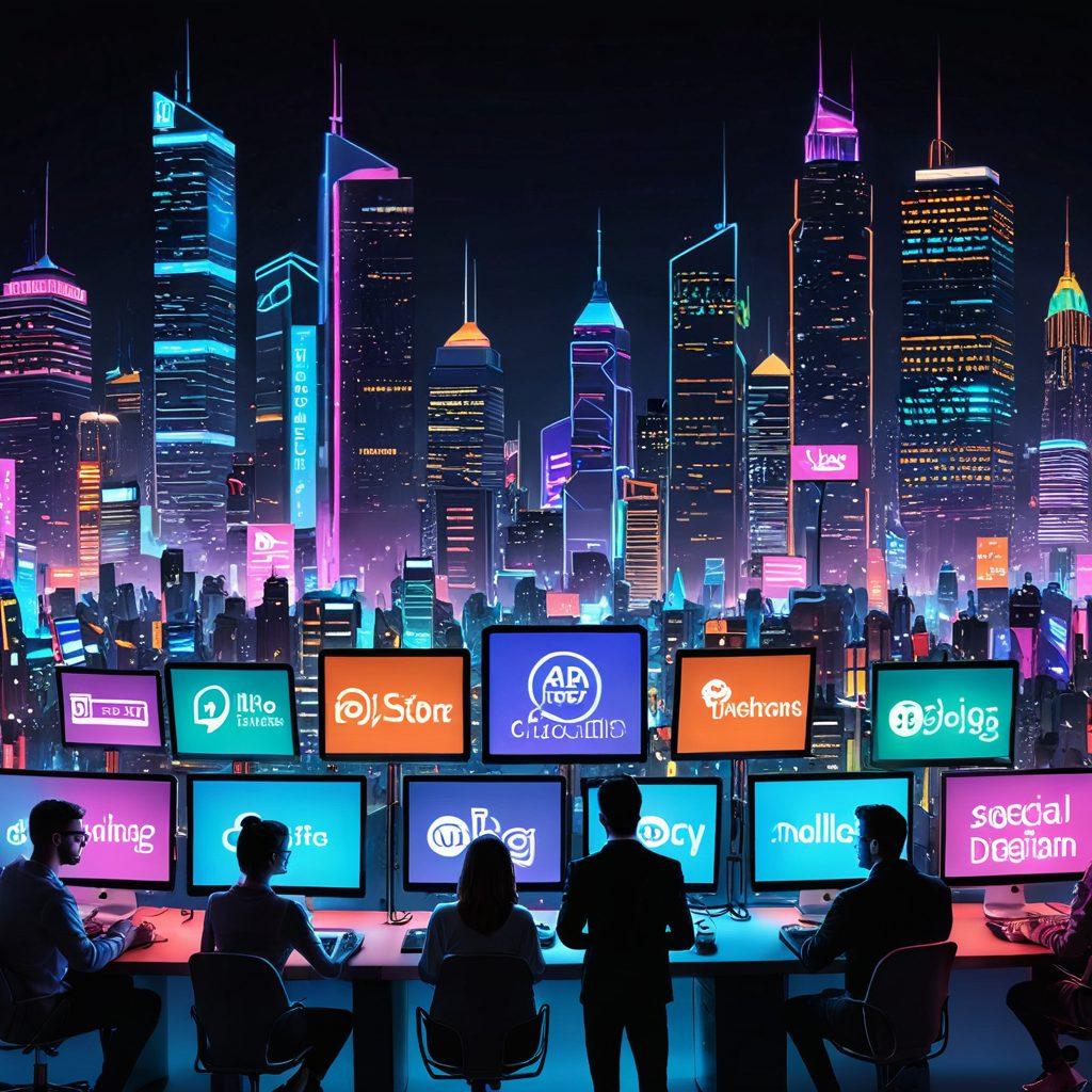 A dynamic collage illustrating the transition from traditional blogging to vibrant online communities, featuring a computer screen showcasing a blog post morphing into a diverse group of avatars interacting in a digital space, surrounded by social media icons and comment bubbles, all set against a futuristic city skyline. bright colors. 3D. cyberpunk.